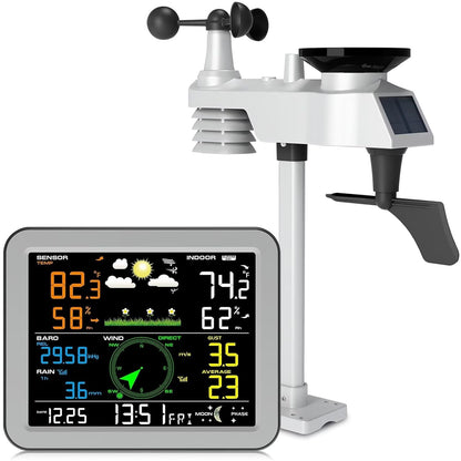 Gevanti 10-in-1 wireless weather station - thermometer, humidity, air pressure, rain gauge, dew point, wind speed/direction, moon phase, forecast, alarm & chart