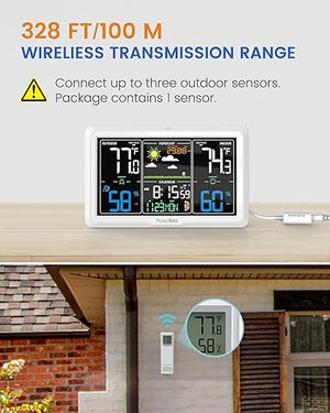 Proud Bird wireless weather station with Indoor and Outdoor thermometer, 350° viewing angle, colorful 7.6'' large display, atomic clock, white