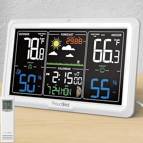 Proud Bird wireless weather station with Indoor and Outdoor thermometer, 350° viewing angle, colorful 7.6'' large display, atomic clock, white