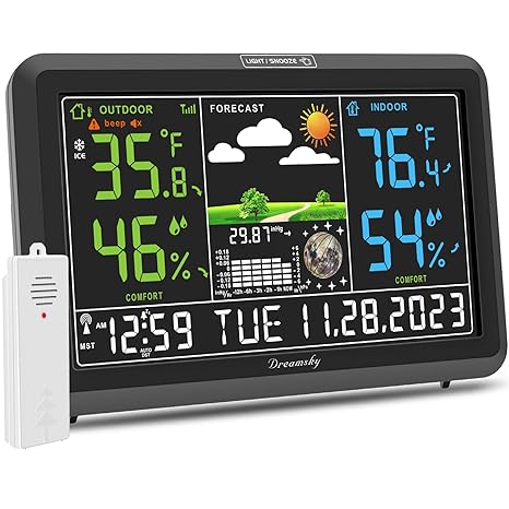 DreamSky weather station wireless indoor outdoor thermometer with digital atomic clock, large display with adjustable backlight, USB port, and inside/outside temperature & humidity monitor