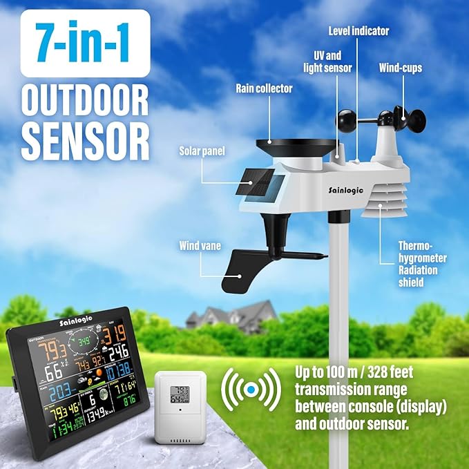 Sainlogic Home 10-in-1 WiFi Smart Weather Station with Outdoor 7-in-1 Sensor, Internet Wireless Weather Station Remote Monitoring System, 8.3 Inch Color Display with Rain Gauge, Temperature