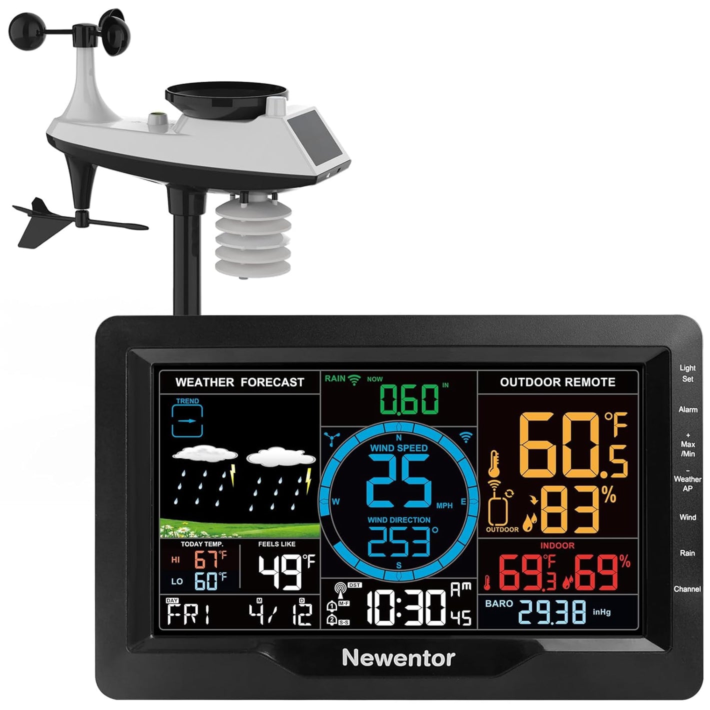 Newentor Wireless Indoor-Outdoor Weather Station with Solar-Powered Rain Gauge, Wind Speed Meter, Atomic Clock, and Temperature/Humidity Alerts (with Wifi)