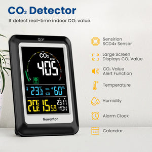 CO2 Monitor with Voice Alert - Newentor Indoor Air Quality Meter, CO2 Detector, Large Display, Temperature & Humidity Sensor with Alarm Clock